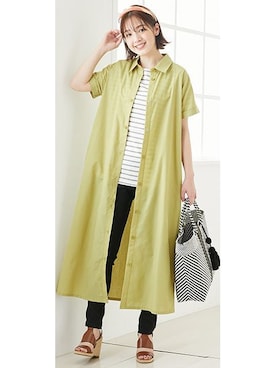 「nissen（ニッセン）の【マタニティウエア・授乳服】先染め シャツワンピにもなる半袖パジャマ（ワンピース＋パンツ）（産前・産後）（マタニティウェア/グッズ）」を使った、nissen Maternity Modelsさん（レディース・160cm）の春コーディネート