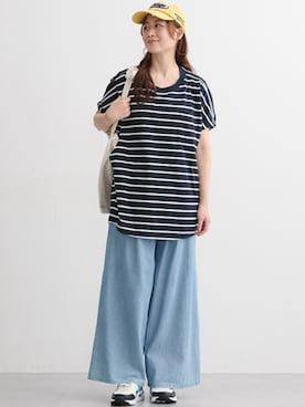 「nissen（ニッセン）の【産前・産後】綿１００％デニム　ウエストリボンワイドパンツ（マタニティウェア/グッズ、ブルー系）」を使った、nissen Maternity Modelsさん（レディース・160cm）の春コーディネート