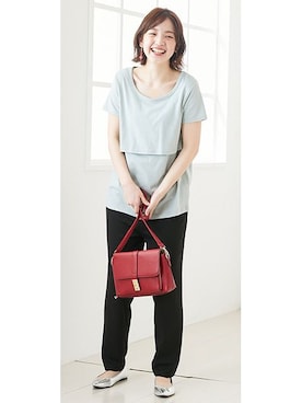 「アイテム（ママ＆ベビー、グリーン系）」を使った、nissen Maternity Modelsさん（レディース・160cm）の春コーディネート