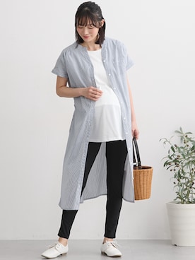 「nissen（ニッセン）の【マタニティウエア・授乳服】半袖ドルマントップス（産前・産後）（マタニティウェア/グッズ、ブルー系）」を使った、nissen Maternity Modelsさん（レディース・160cm）の春コーディネート