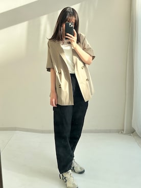 「nissen（ニッセン）のしわになりにくいオーバーサイズ５分袖シャツジャケット（ストレッチ・接触冷感・UVカット）＜大きいサイズ有＞（テーラードジャケット）」を使った、sodaさん（レディース・167cm）の春コーディネート