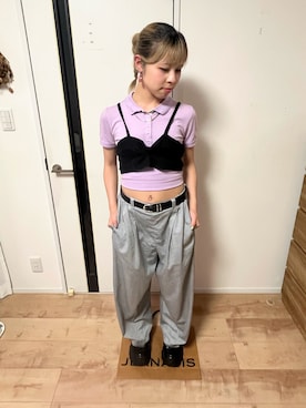「Handmade（ハンドメイド）のアイテム（パンツ、グレー系）」を使った、桃さん（レディース・155cm）の秋コーディネート