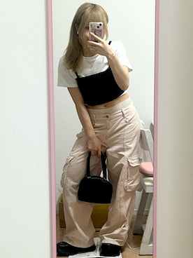 「Lattice（Lattice）のミニボストンバッグ（トートバッグ、ブラック系）」を使った、桃さん（レディース・155cm）の夏コーディネート