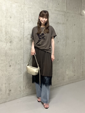 「RIVE DROITE（リヴドロワ）の【綿100%/洗濯機洗い可】Rock / Mickey / Tee（夏服）（Tシャツ/カットソー、ブラウン系）」を使った、kotoneさん（レディース・166cm）の夏コーディネート