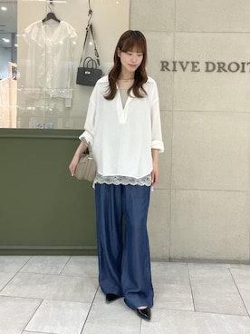 「RIVE DROITE（リヴドロワ）の【涼し気な抜け感】メッシュスキッパーシャツ（シャツ/ブラウス、ホワイト系）」を使った、kotoneさん（レディース・166cm）の夏コーディネート