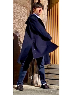 「＋Jのアイテム（ダッフルコート、ブルー系）」を使った、なおさん（メンズ・170cm）の冬コーディネート