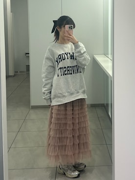 「ems excite（エムズエキサイト）のアイテム（スカート、ピンク系）」を使った、strawberryさん（レディース・160cm）の春コーディネート