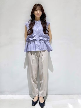 「index（インデックス）のフリルペプラムフレンチブラウス【洗濯機OK】（シャツ/ブラウス、パープル系）」を使った、Kさん（レディース）の夏コーディネート