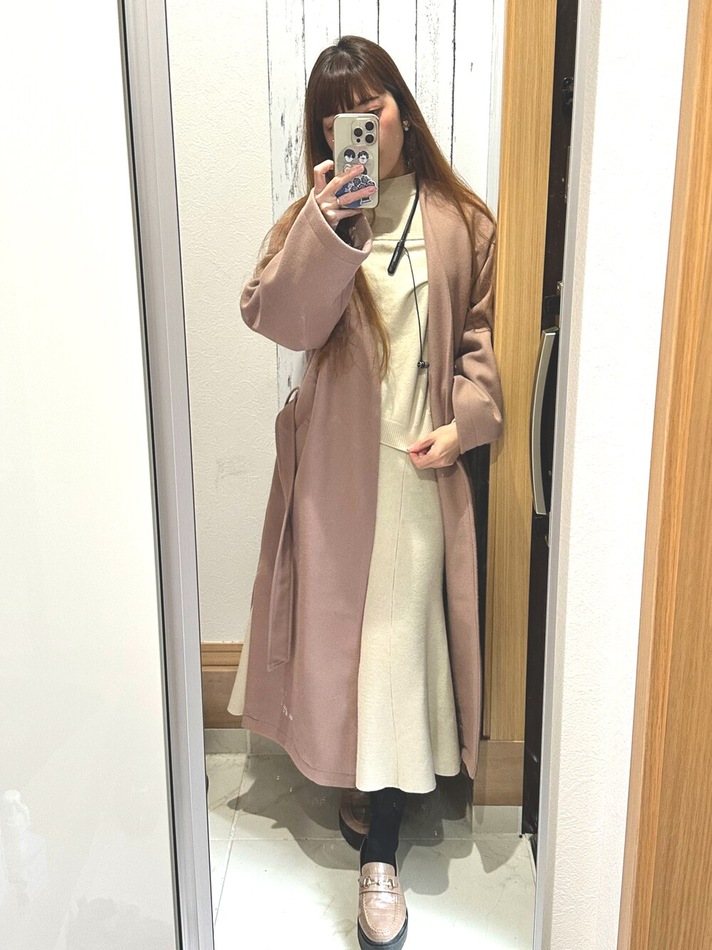 「春コーデ、春カラー、春服デビュー宣言、セットアップ、snidel、アウター、襟なしコート、ノーカラーコート、30代コーデ、ママコーデ、アラフォー、低身長」｜「Shelly islandのベルト付きノーカラーコート（ノーカラーコート、ベージュ系）」を使った、♡indigolovE♡さん（レディース・152cm）の春コーディネートの1枚目の写真