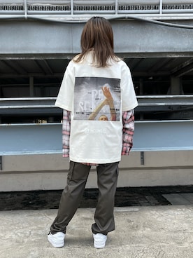 「A4A（エーフォーエー）のA4A/エーフォーエー/A4A/エーフォーエー/切り替えネルシャツ（シャツ/ブラウス、レッド系）」を使った、マツモトさん（レディース・161cm）の秋コーディネート