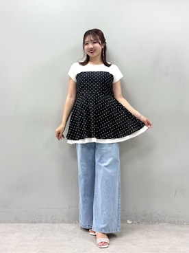 「natural couture（ナチュラルクチュール）のゆるストレートストレッチセルフカットデニム（デニムパンツ、ブルー系）」を使った、かなみさん（レディース・156cm）の夏コーディネート