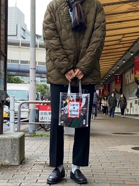 「UNIQLO JW ANDERSON」｜「アイテム（ダウンジャケット/コート）」を使った、hino＿fukuさん（メンズ・177cm）の冬コーディネート
