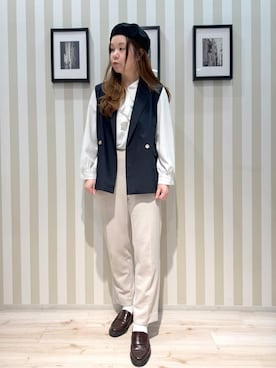 「SHOO・LA・RUE（シューラルー）の【洗濯機可/セットアップ可/S-3L】きちんと楽に。カットジョーゼット テーパードパンツ（その他パンツ、ベージュ系）」を使った、miiii54さん（レディース）の冬コーディネート
