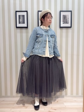 「SHOO・LA・RUE（シューラルー）の【SHOO・LA・RUE DENIM/S-LL/高レビュー】大人のための ノーカラーデニムジャケット（デニムジャケット、ブルー系）」を使った、miiii54さん（レディース）の冬コーディネート