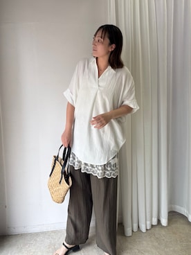 「CORNERS（コーナーズ）のスキッパーコクーンシャツ（シャツ/ブラウス、ホワイト系）」を使った、yuminyさん（レディース・163cm）の夏コーディネート