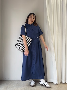 「CORNERS（コーナーズ）の【CORNERS by KR】ドローストリングシャツワンピース（シャツワンピース、ブルー系）」を使った、yuminyさん（レディース・163cm）の夏コーディネート