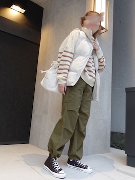 「CORNERS（コーナーズ）のサスペンダー付きカーゴパンツ（カーゴパンツ）」を使った、yuminyさん（レディース・162cm）の秋コーディネート