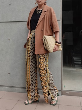 「CORNERS（コーナーズ）のCORNERS by KR　エスニックストライプワイドパンツ（その他パンツ）」を使った、yuminyさん（レディース・162cm）の夏コーディネート