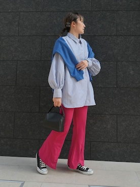 「CORNERS（コーナーズ）のオーバーサイズストライプシャツ（シャツ/ブラウス）」を使った、yuminyさん（レディース・162cm）の春コーディネート