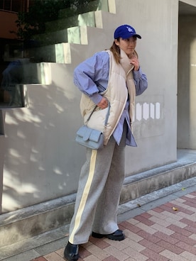 「CORNERS（コーナーズ）のオーバーサイズストライプシャツ（シャツ/ブラウス）」を使った、yuminyさん（レディース・162cm）の冬コーディネート