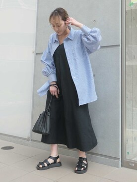 「CORNERS（コーナーズ）のオーバーサイズストライプシャツ（シャツ/ブラウス）」を使った、yuminyさん（レディース・162cm）の春コーディネート