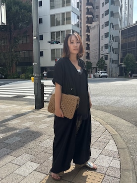 「CORNERS（コーナーズ）の【CORNERS by KR】ドローストリングシャツワンピース（シャツワンピース、ブラック系）」を使った、yuminyさん（レディース・163cm）の夏コーディネート