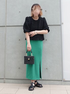 「CORNERS（コーナーズ）のスクエアカゴバニティバッグ（かごバッグ）」を使った、yuminyさん（レディース・162cm）の夏コーディネート