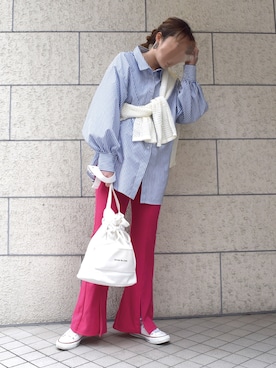 「CORNERS（コーナーズ）のオーバーサイズストライプシャツ（シャツ/ブラウス）」を使った、yuminyさん（レディース・162cm）の春コーディネート