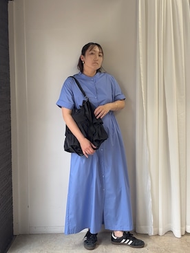 「CORNERS（コーナーズ）の【CORNERS by KR】ドローストリングシャツワンピース（シャツワンピース、ブルー系）」を使った、yuminyさん（レディース・163cm）の夏コーディネート