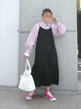 「CORNERS（コーナーズ）のオーバーサイズストライプシャツ（シャツ/ブラウス）」を使った、yuminyさん（レディース・162cm）の春コーディネート