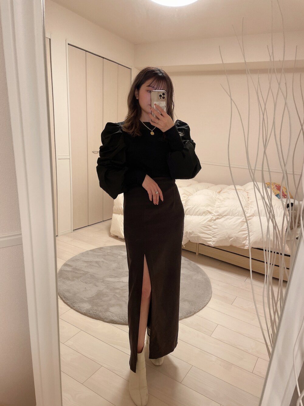 「春コーデ、着回しコーデ、お出かけコーデ、今日のコーデ、きれいめコーディネート、ootd、プチプラ、ガーリー」｜「GRLのアイテム（ニット/セーター、ブラック系）」を使った、hakanaさん（レディース・148cm）の春コーディネートの1枚目の写真