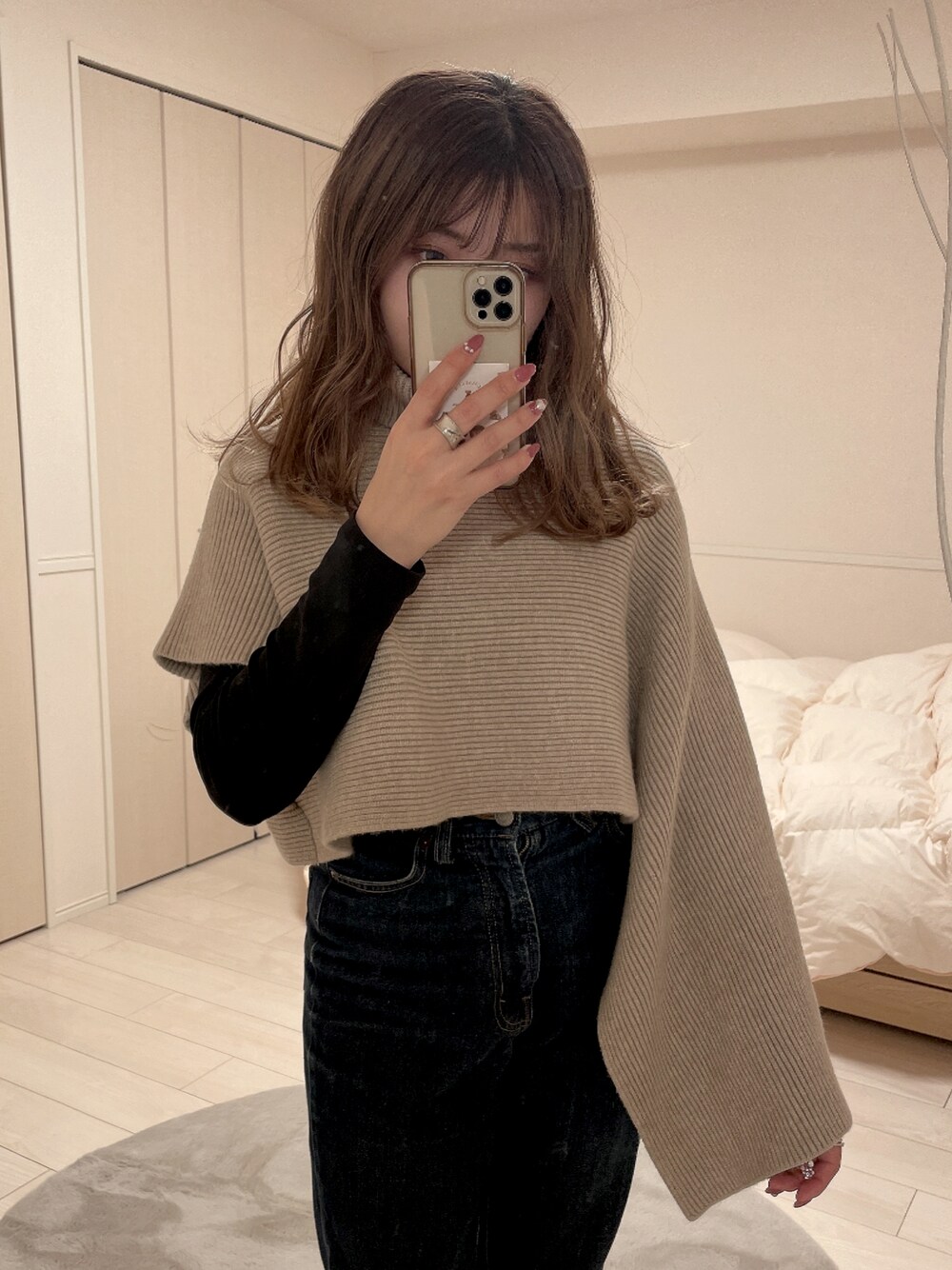 「低身長コーデ、オトナカジュアル、ニット、韓国ファッション、デニム」｜「rili tokyoのアイテム（ニット/セーター、ベージュ系）」を使った、hakanaさん（レディース・148cm）の冬コーディネートの1枚目の写真