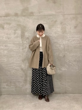 「ドットスカート」｜「アイテム（ノーカラーコート）」を使った、hira051さん（レディース・158cm）の秋コーディネート