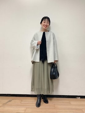 「レース」｜「アイテム（ノーカラーコート）」を使った、hira051さん（レディース・158cm）の冬コーディネート