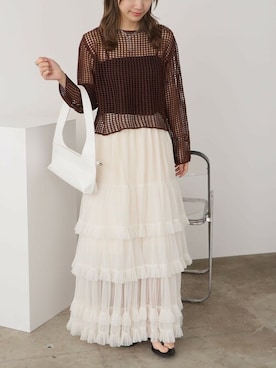 「シアートップス」｜「アイテム（Tシャツ/カットソー、ブラウン系）」を使った、ROOPTOKYOKSさん（レディース・157cm）の夏コーディネート