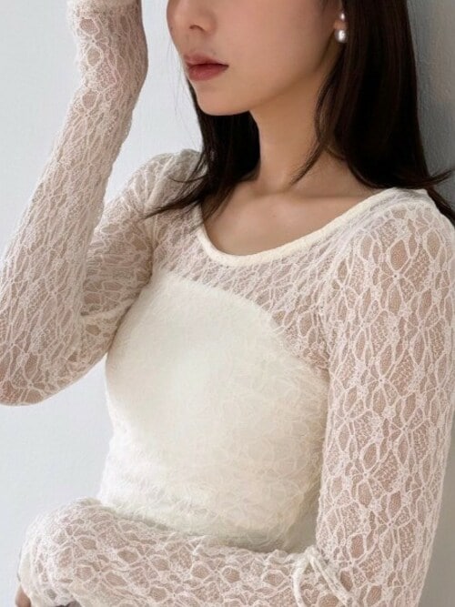 ROOP TOKYO tシャツ Round Neck Lace Sheer Top / ラウンドネック