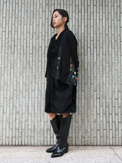 ブラックエナメル ロングブーツ クロコダイル風