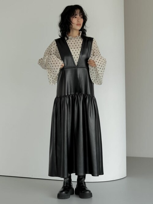 セール】[低身長サイズ有]前後2WAYギャザー切り替えフェイクレザー