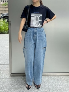 「Re:EDIT（リエディ）の[低身長/高身長サイズ有][販売枚数2万枚突破][お気に入り登録数3.5万]サイドスリットワイドストレートコットンデニムパンツ」を使った、reedit_officialさんのコーディネート