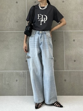 「Re:EDIT（リエディ）の[低身長/高身長サイズ有][販売枚数2万枚突破][お気に入り登録数3.5万]サイドスリットワイドストレートコットンデニムパンツ」を使った、reedit_officialさんのコーディネート