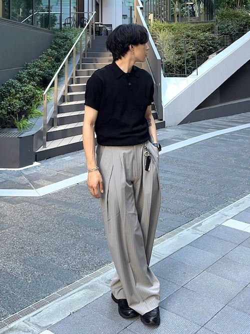 HARE スラックス ストライプディープタックワイドストレート