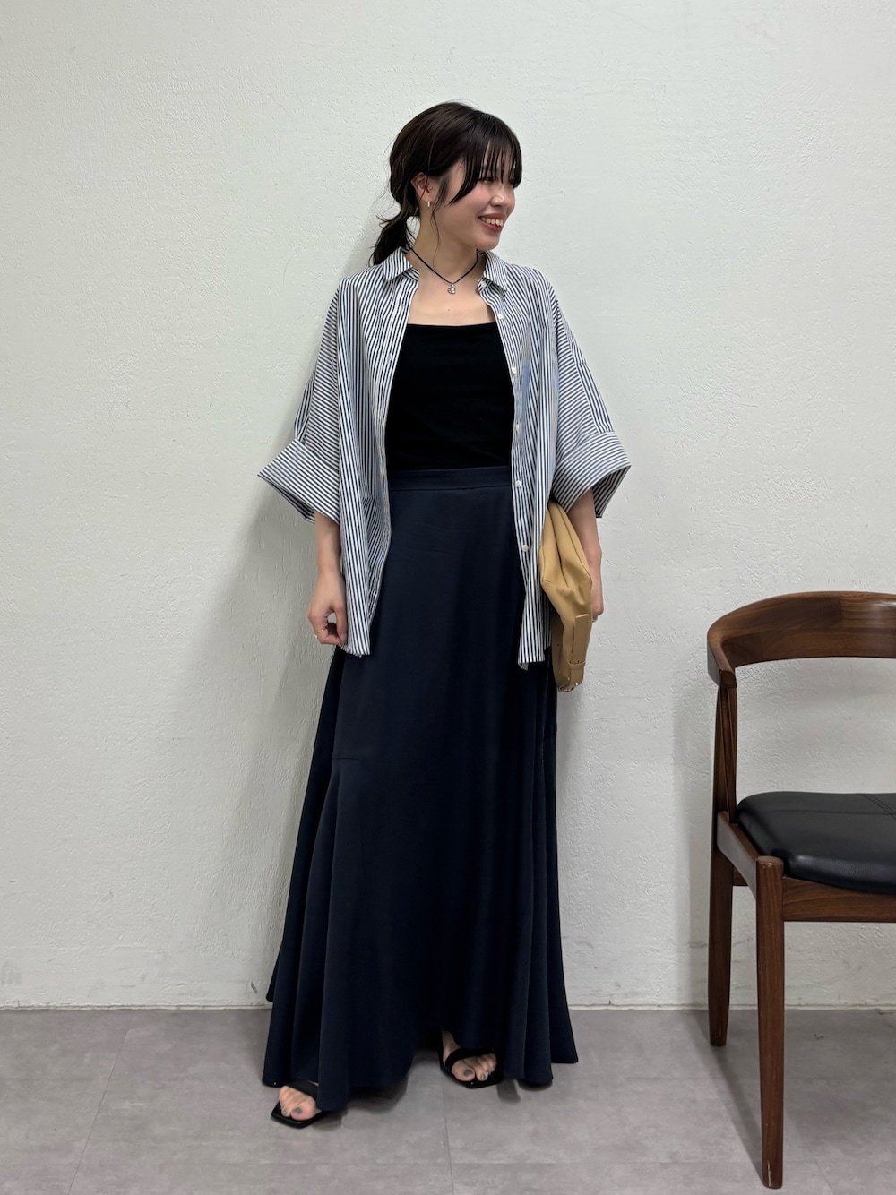 「シャツ、シャツスタイル、シャツコーデ、春、春コーデ、春夏コーデ、春色、春服、低身、低身長、低身長コーデ、低身長女子」｜「GALLARDAGALANTEのハーフスリーブシャツ（シャツ/ブラウス、ブルー系）」を使った、AYUMIさん（レディース・148cm）の春コーディネートの1枚目の写真