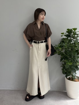 「GALLARDAGALANTE（ガリャルダガランテ）の【2.718】ダブルベルトサンダル（サンダル、ブラウン系）」を使った、AYUMIさん（レディース・148cm）の春コーディネート