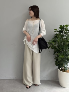 「GALLARDAGALANTE（ガリャルダガランテ）の【La nature linge】オーバーシアーロンT（Tシャツ/カットソー、ホワイト系）」を使った、AYUMIさん（レディース・148cm）の春コーディネート