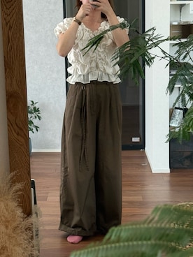 「mystic（ミスティック）の【新色BRN/3サイズ展開/タックデザイン】ワイドベルトタックパンツ（その他パンツ、ブラウン系）」を使った、まにょさん（レディース・153cm）の夏コーディネート