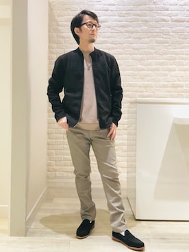 「アイテム（ライダースジャケット）」を使った、片山さん（メンズ・165cm）の秋コーディネート