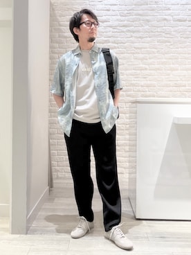 「AH ABAHOUSE（エーエイチアバハウス）の【AH ABAHOUSE / セットアップ対応】楊柳 イージースラックス（スラックス、ブラック系）」を使った、片山さん（メンズ・165cm）の春コーディネート