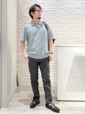 「alfredoBANNISTER（アルフレッドバニスター）のドライビング レザー シューズ（スリッポン、ブラック系）」を使った、片山さん（メンズ・165cm）の春コーディネート