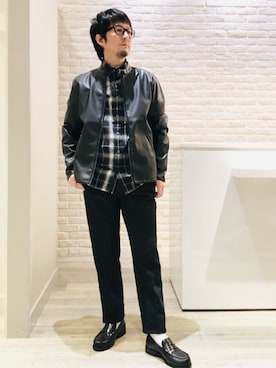 「アイテム（ライダースジャケット）」を使った、片山さん（メンズ・165cm）の秋コーディネート