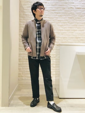 「アイテム（ライダースジャケット）」を使った、片山さん（メンズ・165cm）の秋コーディネート